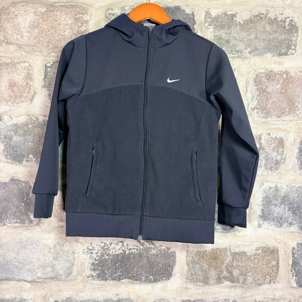 Nike Sportswear Kids‎ Black Full Zip Hybrid Fleece Hoodie Jacket M 10-12 Sporty